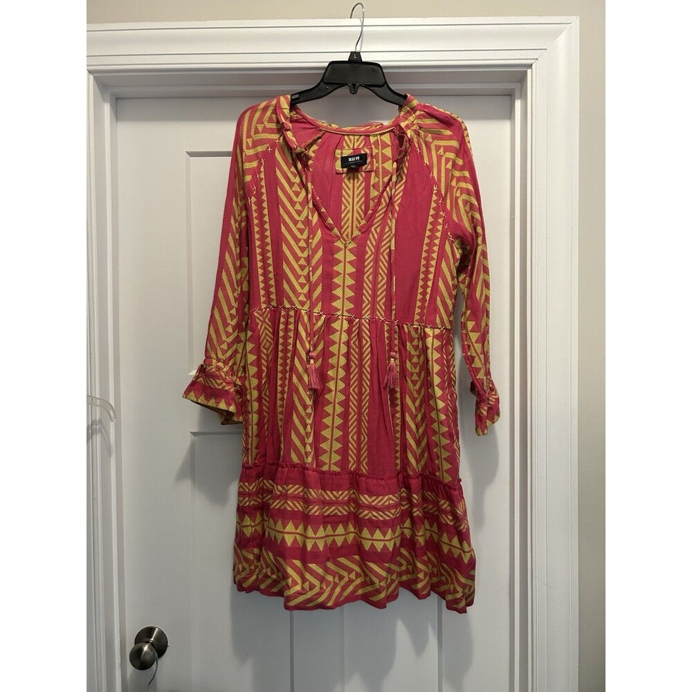 Maeve Anthropologie Size XS Jacquard Dominique Tunic Dress Long Sleeve Pink Boho